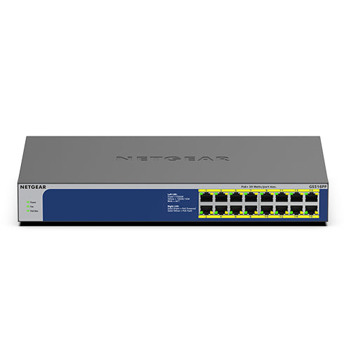NETGEAR GS516PP - Switch - no management - 16 x 10/100/1000 (PoE+) - desktop, rail mountable - PoE+ (260W)