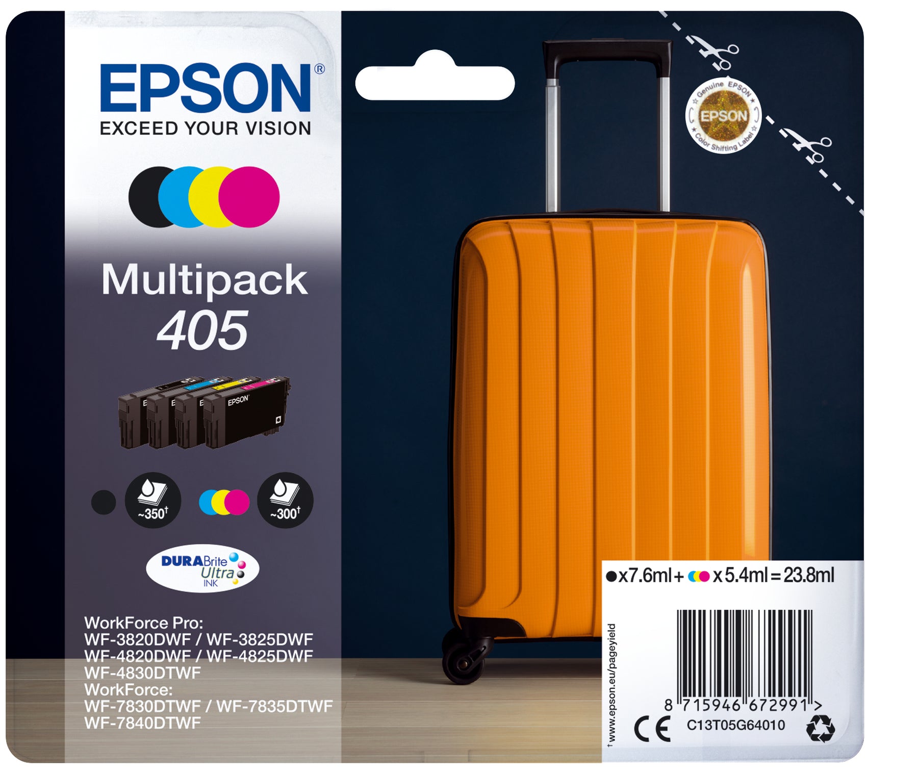 Epson 405 - Paquete de 4 - Negro, Amarillo, Cian, Magenta - Original - Cartucho de tinta - para WorkForce WF-7310, 7830, 7835, 7840, WorkForce Pro WF-3820, 3825, 4820, 4825, 4830, 7840