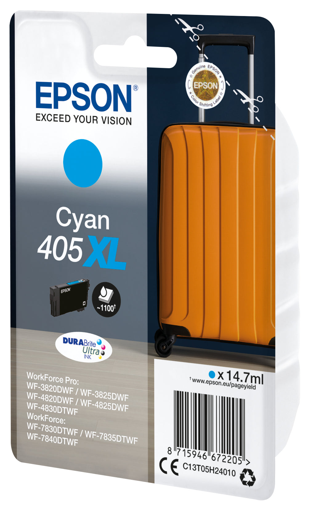 Epson 405XL - 14.7 ml - cyan blue - original - ink cartridge - for WorkForce WF-7310, 7830, 7835, 7840, WorkForce Pro WF-3820, 3825, 4820, 4825, 4830, 7840