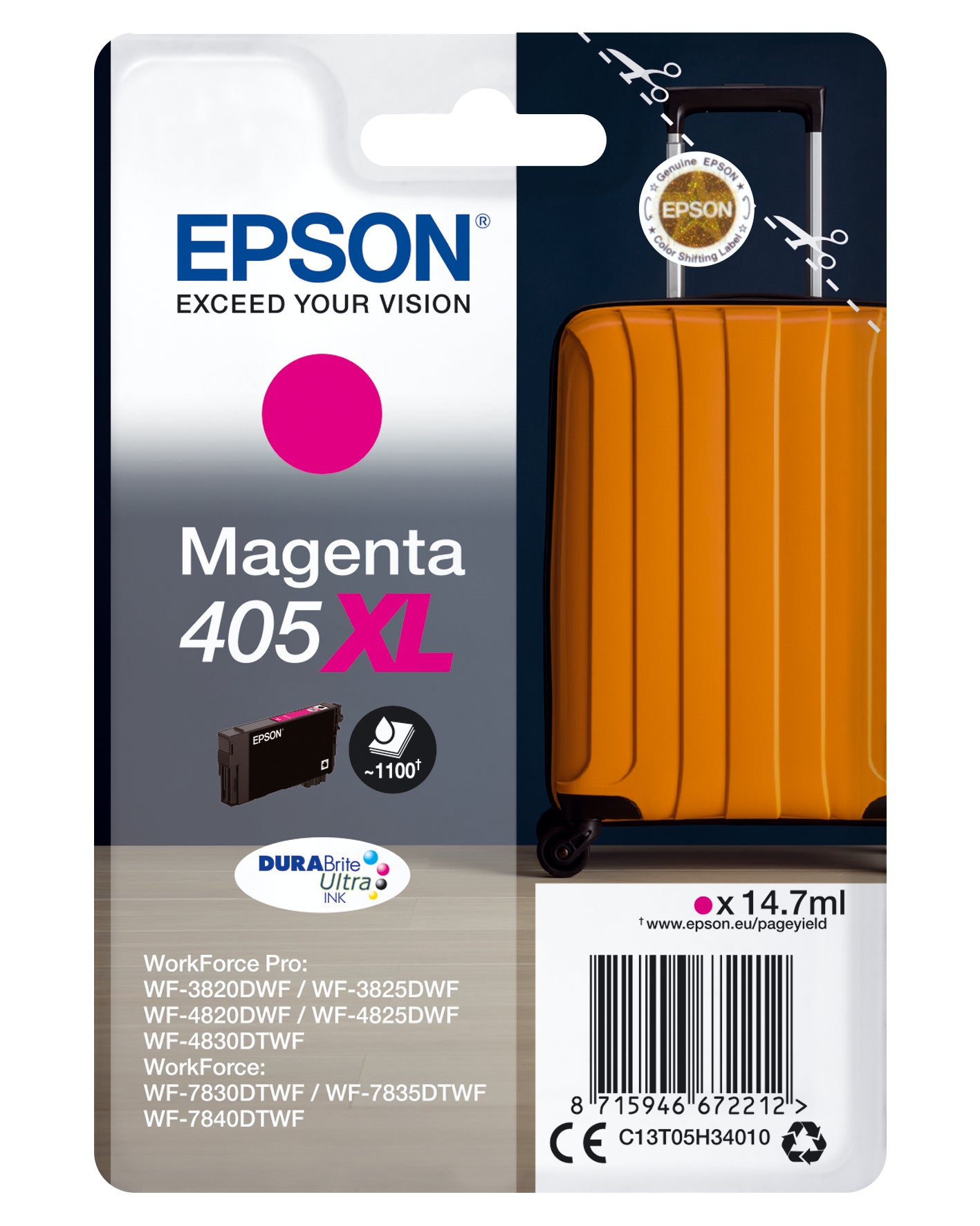 Epson 405XL - 14.7 ml - XL - magenta - original - blister - tinteiro - para WorkForce WF-7310, 7830, 7835, 7840, WorkForce Pro WF-3820, 3825, 4820, 4825, 4830, 7840