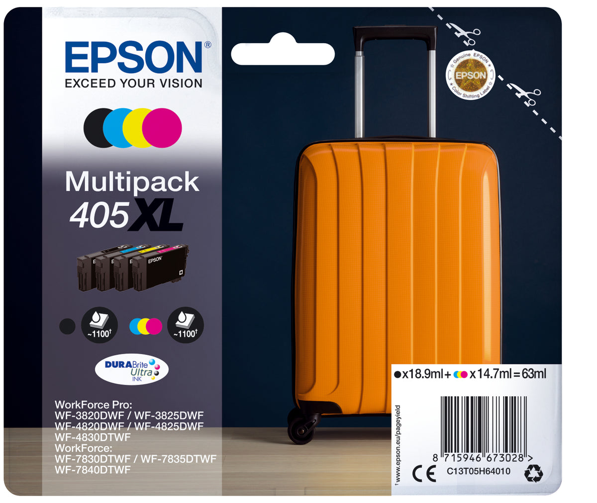 Epson 405XL Multipack - Pack of 4 - XL - Black, Yellow, Cyan, Magenta - Original - Ink Cartridge - For WorkForce WF-7310, 7830, 7835, 7840, WorkForce Pro WF-3820, 3825, 4820, 4825, 4830, 7840