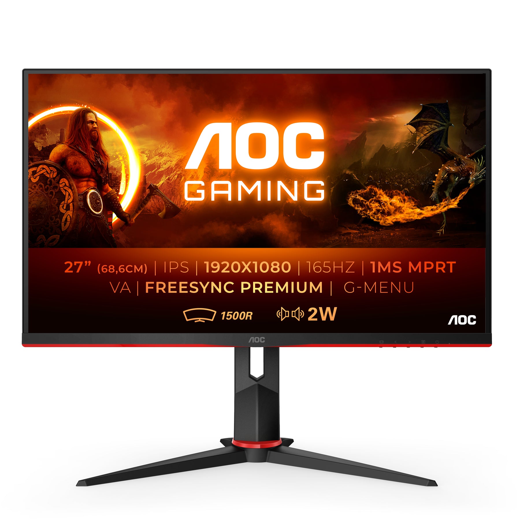 AOC Gaming C27G2AE/BK - LED monitor - gaming - curved - 27" - 1920 x 1080 Full HD (1080p) @ 165 Hz - VA - 250 cd/m² - 4000:1 - 1 ms - 2xHDMI, VGA, DisplayPort - speakers - black red