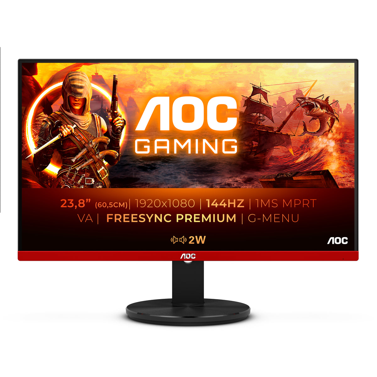 AOC Gaming G2490VXA - Monitor LED - juegos - 24" (23,8" visibles) - 1920 x 1080 Full HD (1080p) @ 144 Hz - VA - 350 cd/m² - 3500:1 - 1ms - HDMI, DisplayPort - altavoces - negro , rojo