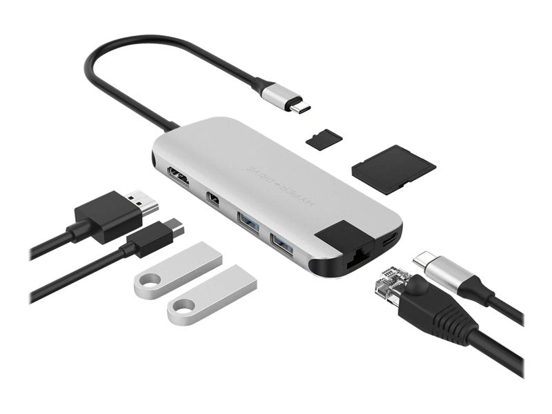 Hub HyperDrive Slim 8 en 1 - Estación de acoplamiento - USB-C - HDMI, Mini DP - GigE (HD247B-SILVER)