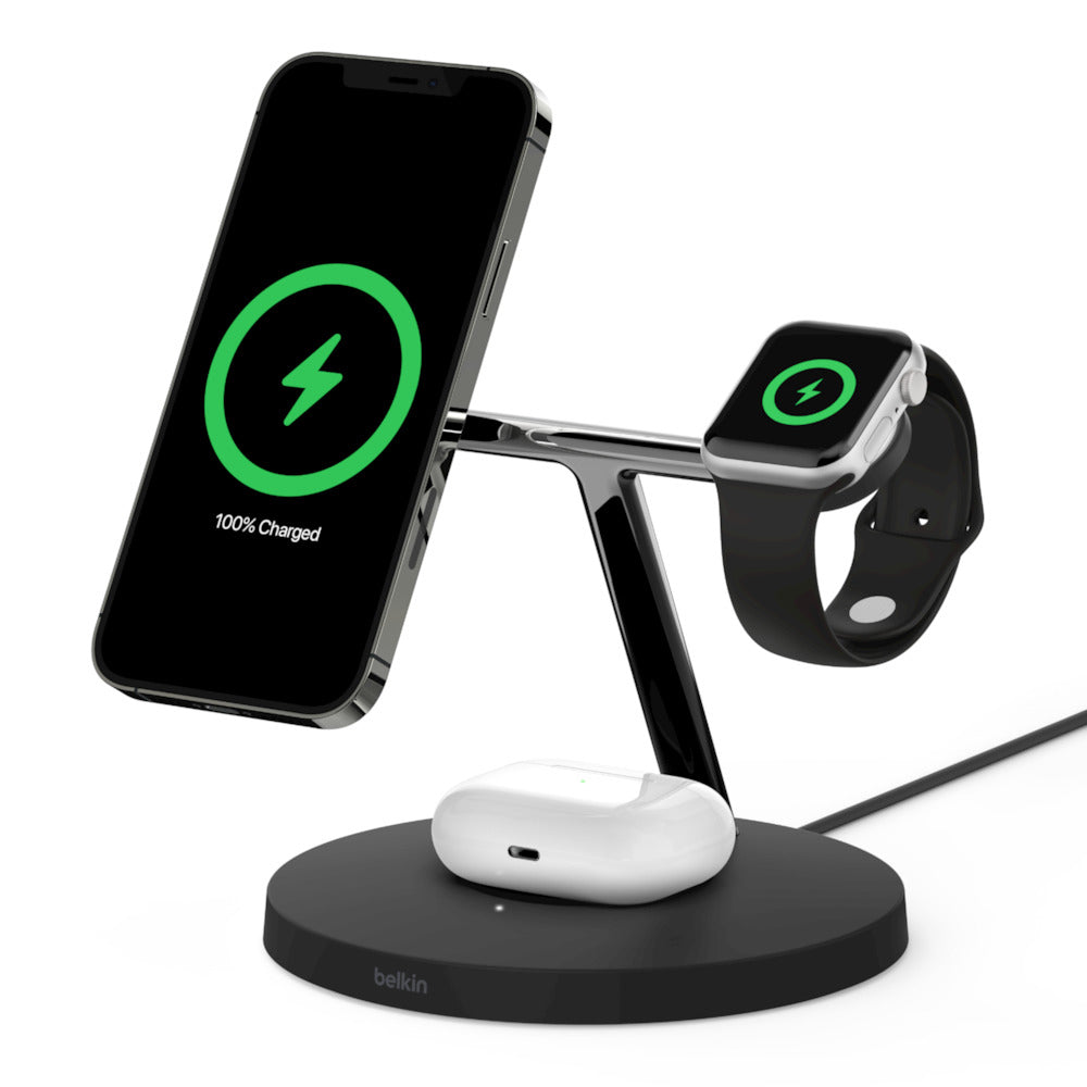 Belkin BOOST CHARGE PRO MagSafe 3-in-1 - Wireless Charging Cradle - 15 Watt - Black - for Apple Wireless Charging Case, AirPods Pro, iPhone 12, 13, 14