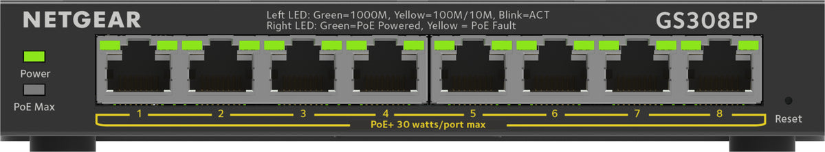 NETGEAR Plus GS308EP - Interruptor - inteligente - 8 x 10/100/1000 (PoE+) - desktop, montável na parede - PoE+ (62 W)