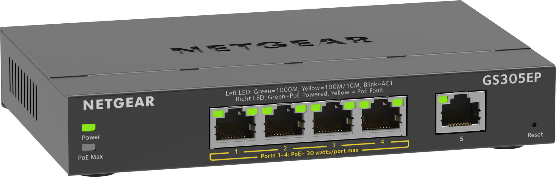 NETGEAR Plus GS305EP - Interruptor - inteligente - 5 x 10/100/1000 (4 PoE+) - desktop, montável na parede - PoE+ (63 W)