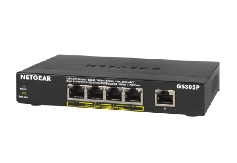 NETGEAR GS305Pv2 - Interruptor - sem gestão - 5 x 10/100/1000 (4 PoE) - desktop, montável na parede - PoE+ (63 W) - alimentação DC