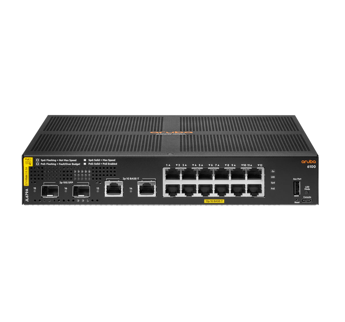 HPE Aruba 6100 12G Class4 PoE 2G/2SFP+ 139W Switch - Switch - L3 - Managed - 12 x 10/100/1000 (PoE+) + 2 x 1 Gigabit / 10 Gigabit SFP+ + 2 x 1000Base-T - rail mountable - PoE+ ( 139 W)