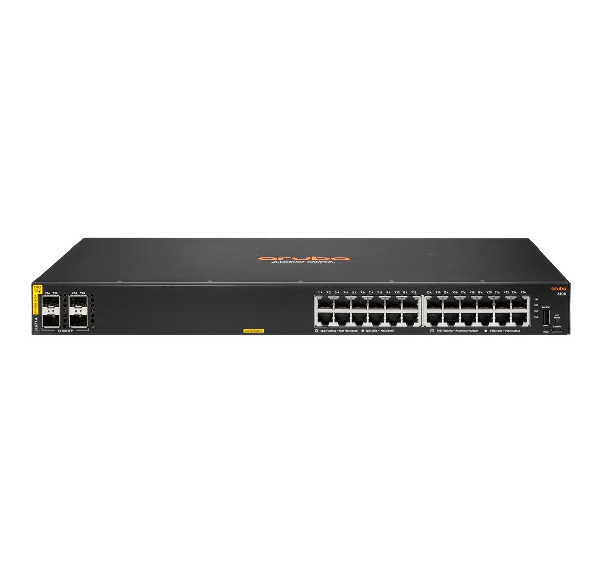 HPE Aruba 6100 24G Class4 PoE 4SFP+ - Interruptor - L3 - Administrado - 24 x 10/100/1000 + 4 x 1 Gigabit / 10 Gigabit SFP+ - fluxo de ar lado para lado - montável em trilho - PoE+ (370 W)