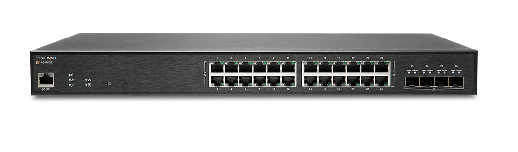 SonicWall Switch SWS14-24FPOE - Interruptor - Administrado - 24 x 10/100/1000 (PoE+) + 4 x 10 Gigabit SFP+ - montável em trilho - PoE+ (410 W) - com 3 anos de Assistência 24x7