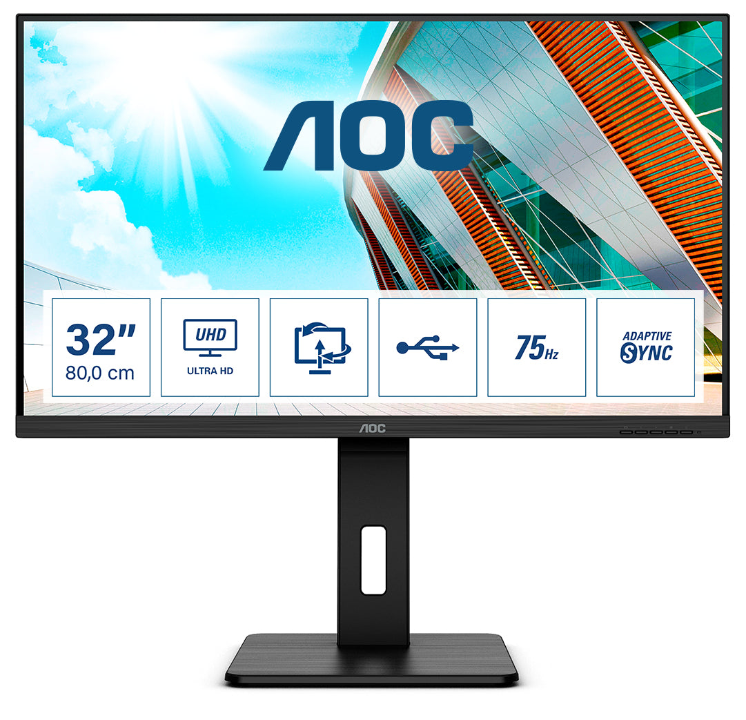 AOC U32P2 - LED Monitor - 31.5" - 3840 x 2160 4K @ 75 Hz - VA - 350 cd/m² - 3000:1 - 4 ms - 2xHDMI, DisplayPort - speakers - black