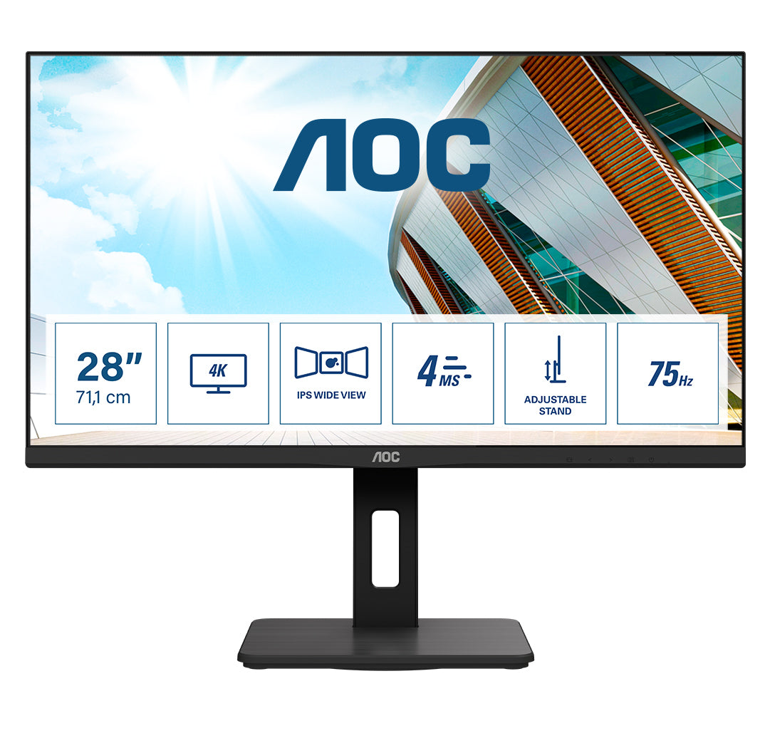 AOC U28P2A - Monitor LED - 28" - 3840 x 2160 4K @ 60 Hz - IPS - 300 cd/m² - 1000:1 - 4 ms - 2xHDMI, DisplayPort - altavoces - negro