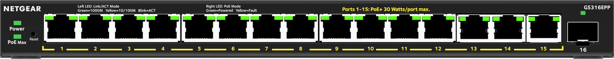 NETGEAR Plus GS316EPP - Interruptor - Administrado - 15 x 10/100/1000 (PoE+) + 1 x SFP - desktop, montável na parede - PoE+ (231 W)