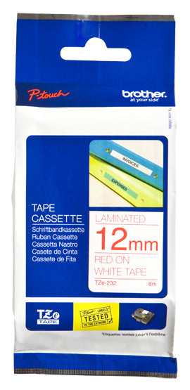Brother TZe-232 - Autocolante padrão - vermelho sobre branco - Rolo (1,2 cm x 8 m) 1 cassete(s) fita laminada - para Brother PT-D210, D600, H110, P-Touch PT-1005, 1880, E800, H110, P-Touch Cube Plus PT-P710