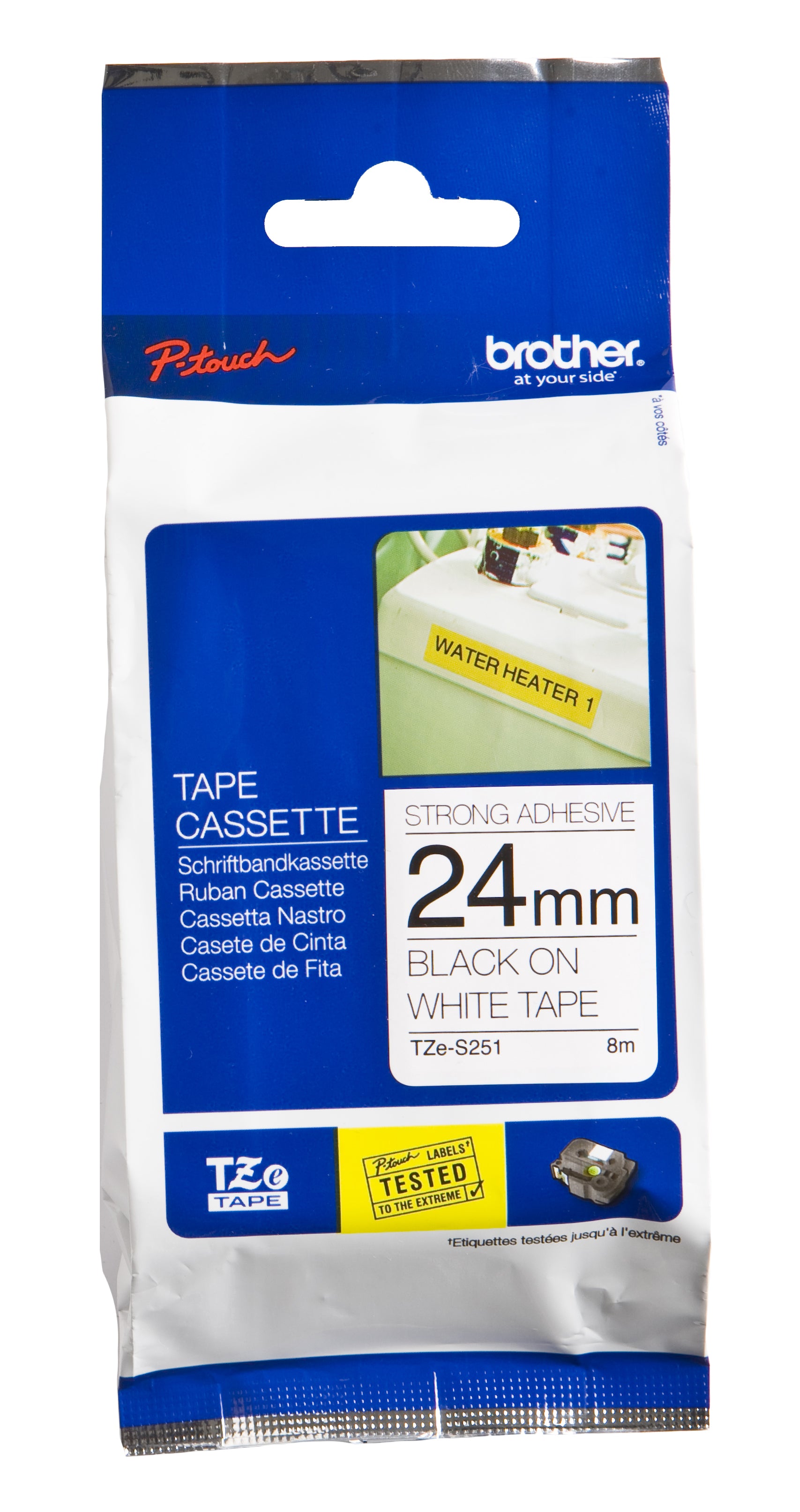 Brother TZe-S251 - Adesivo extra-resistente - preto em branco - Rolo (2,4 cm x 8 m) 1 cassete(s) fita laminada - para Brother PT-D600, P-Touch PT-3600, D800, E550, E800, P750, P900, P950, P-Touch EDGE PT-P750