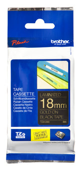 Brother TZe-344 - Autocolante padrão - dourado em preto - Rolo (1,8 cm x 8 m) 1 cassete(s) fita laminada - para Brother PT-D600, P-Touch PT-1880, D450, D800, E550, E800, P900, P950, P-Touch EDGE PT-P750