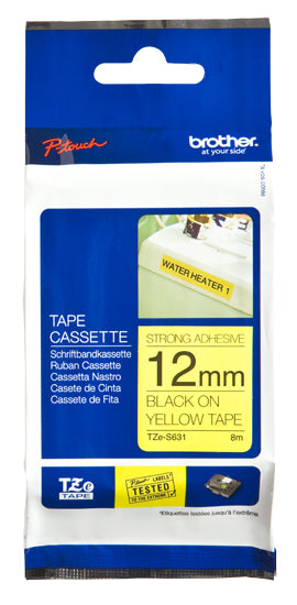 Brother TZe-S631 - Adhesivo extrafuerte - Negro sobre amarillo - Rollo (1,2 cm x 8 m) 1 Cassette(s) Cinta laminada - para Brother PT-D210, D600, H110, P-Touch PT-1005, 1880 , E800, H110, P-Touch Cube Plus PT-P710