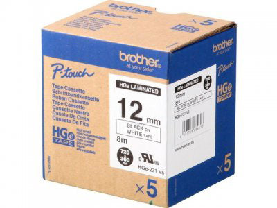 Brother HGE-231V5 - Negro sobre blanco - Rollo (1,2 cm x 8 m) 5 cassette(s) cinta laminada - para P-Touch PT-9500pc, PT-9700PC, PT-9800PCN, P-Touch R RL-700S