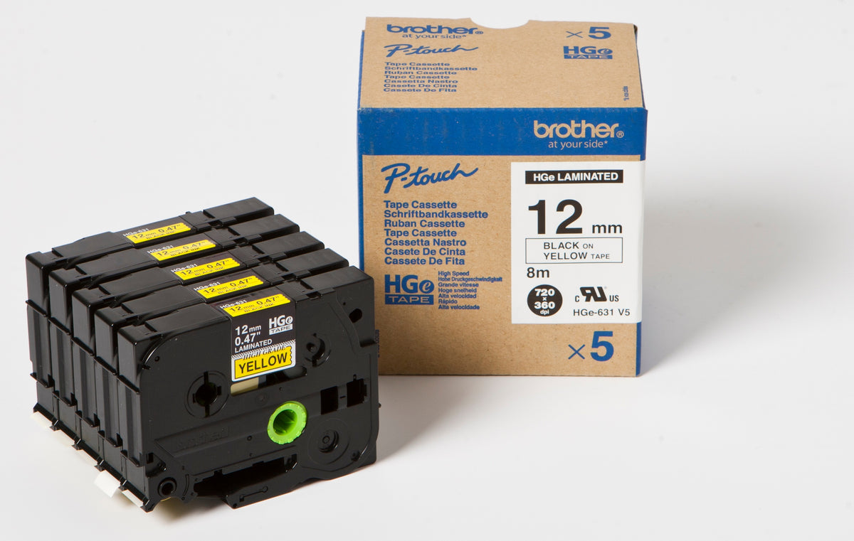 Brother HGE-631V5 - Negro sobre amarillo - Rollo (1,2 cm x 8 m) 5 Cassette(s) de cinta laminada - para P-Touch PT-9500pc, PT-9700PC, PT-9800PCN