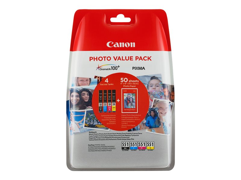 Canon CLI-551 C/M/Y/BK Photo Value Pack - Paquete de 4 - 7 ml - Negro, Amarillo, Cian, Magenta - Original - Blíster - Kit de tinta/papel - para PIXMA