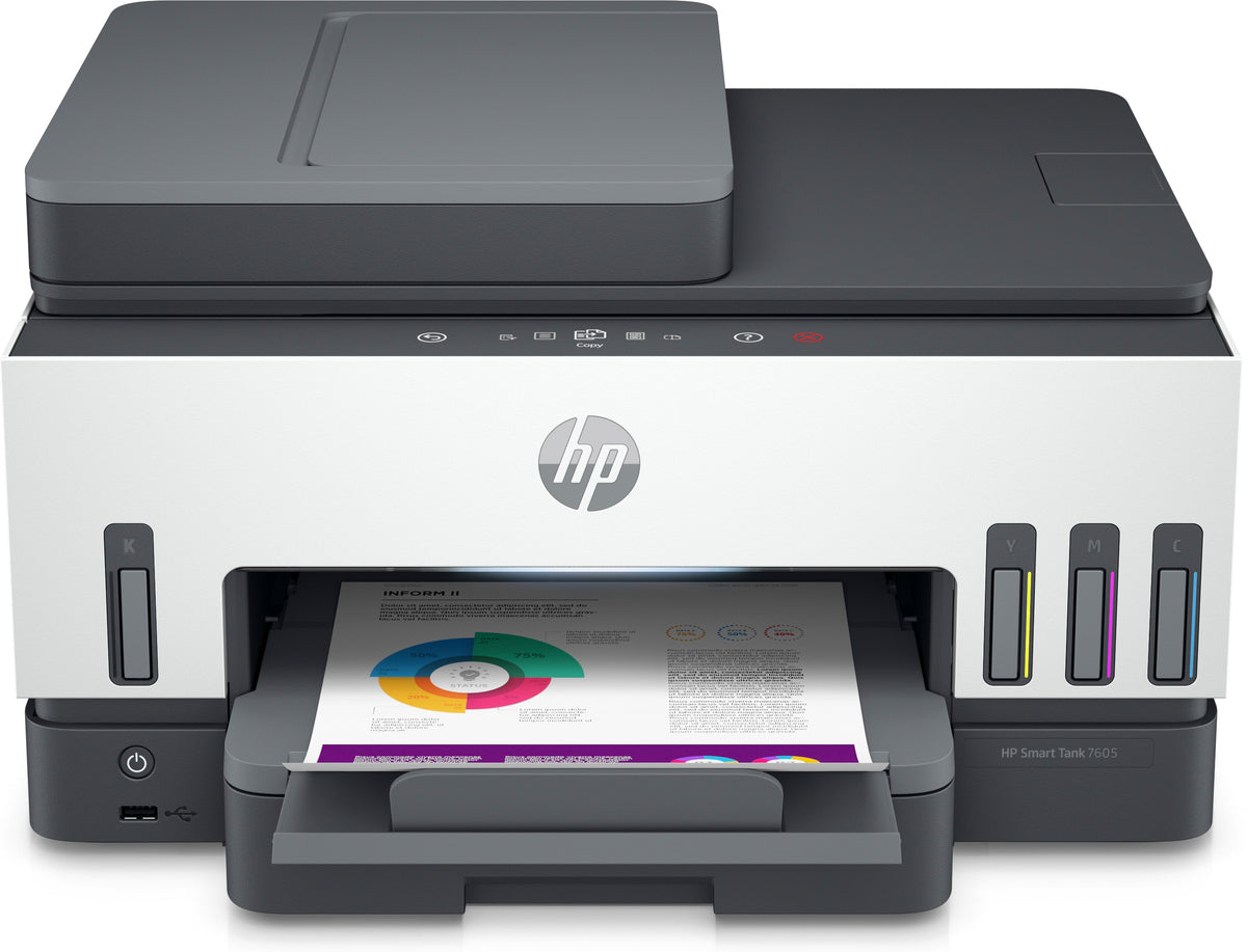 HP Smart Tank 7605 All-in-One - Impresora multifunción - Color - Inyección de tinta - Recargable - Carta A (216 x 279 mm)/A4 (210 x 297 mm) (original) - A4/Legal (soportes) - hasta 13 ppm (copia) - hasta 15 ppm (impresión) - 250 hojas - USB 2.0, Wi-Fi (n