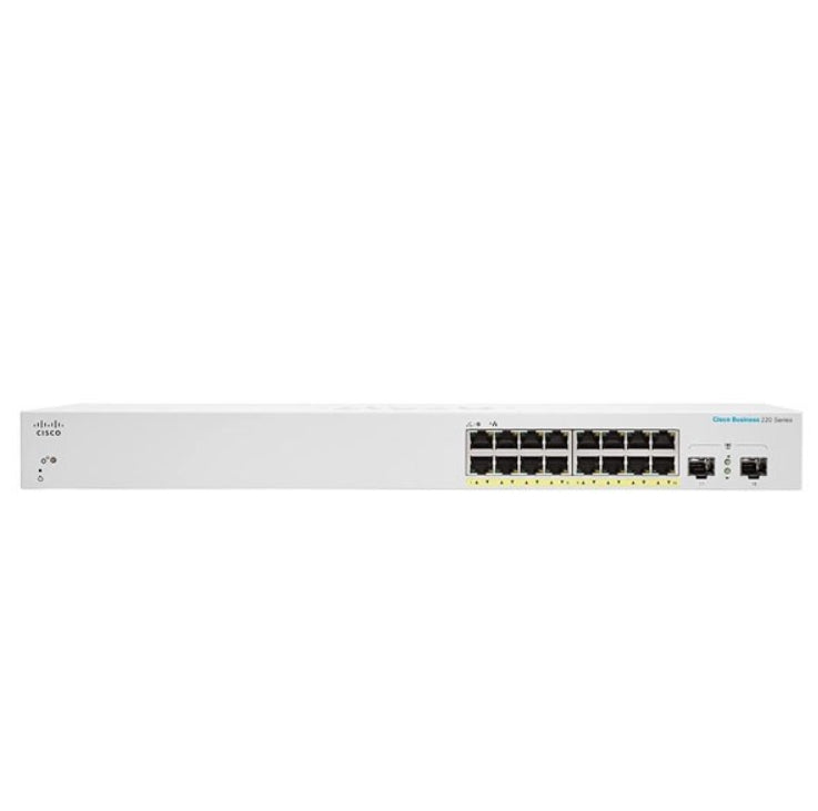 Cisco Business 220 Series CBS220-16P-2G - Interruptor - inteligente - 16 x 10/100/1000 (PoE+) + 2 x Gigabit SFP (ligação ascendente) - montável em trilho - PoE+ (130 W)