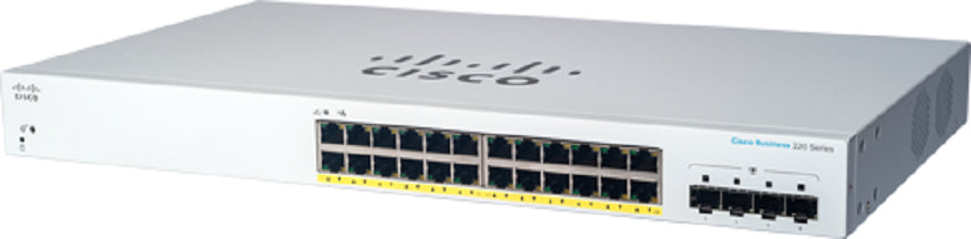 Cisco Business 220 Series CBS220-24P-4G - Interruptor - inteligente - 24 x 10/100/1000 (PoE+) + 4 x Gigabit SFP (ligação ascendente) - montável em trilho - PoE+ (195 W)