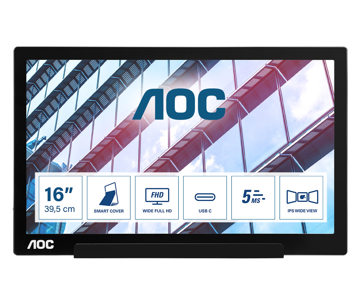 AOC I1601P - LED Display - 16" (15.6" visible) - portable - 1920 x 1080 Full HD (1080p) @ 60 Hz - IPS - 220 cd/m² - 800:1 - 4ms - USB-C - black