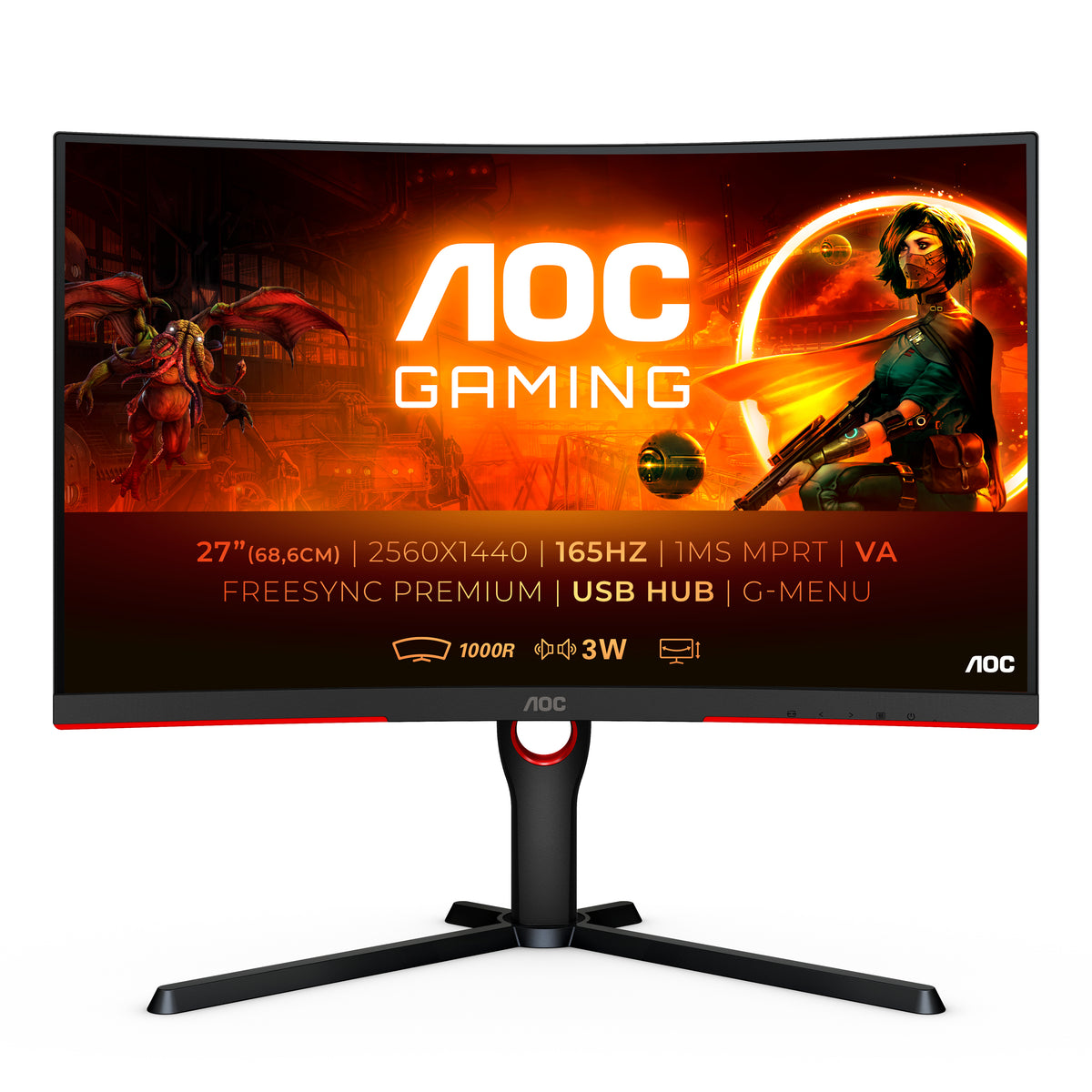 AOC MONITOR VA 27 QHD CURVED 1MS 165HZ HDMI DP USB SPEAKERS HAS CQ27G3SU/BK