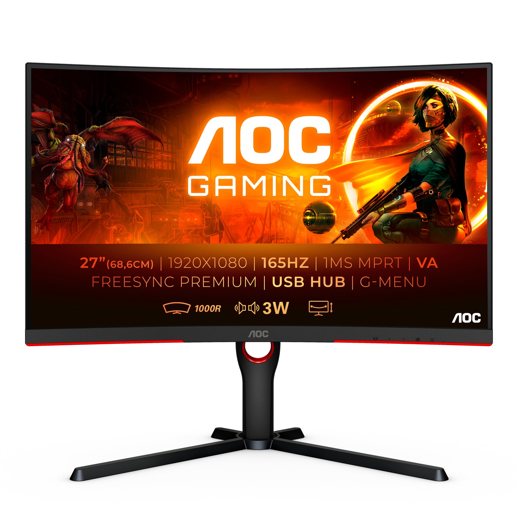 AOC MONITOR VA 27 FHD CURVED 1 MS 165HZ HDMI DP USB SPEAKERS HAS GAMING C27G3U/BK