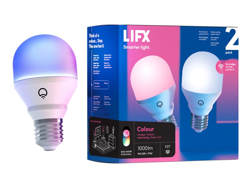 LIFX Colour - Lâmpada LED - forma: A60 - E27 - 9 W (equivalente 70 W) - classe E - luz multicolor/quente para branco frio - 1500-9000 K - branco (pacote de 2)
