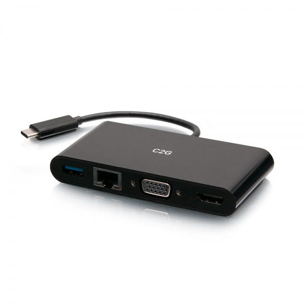 Adaptador C2G USB C a HDMI, VGA, USB A y RJ45 - 4K 30 Hz - Negro - Estación de acoplamiento - USB-C / Thunderbolt 3 - VGA, HDMI - GigE