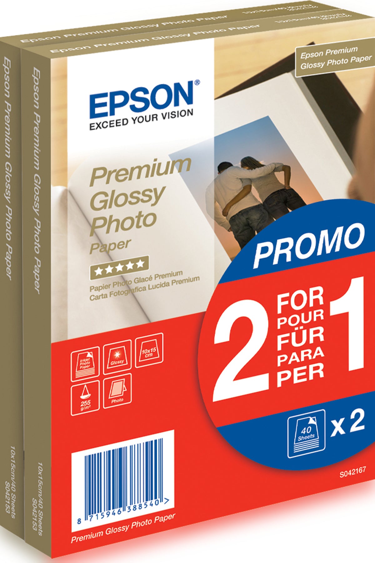 Epson Premium Glossy Photo Paper BOGOF - Brilhante - 100 x 150 mm - 255 g/m² - 40 folha(s) papel fotográfico (pacote de 2) - para EcoTank ET-2650, 2750, 2751, 2756, 2850, 2851, 2856, 4750, 4850