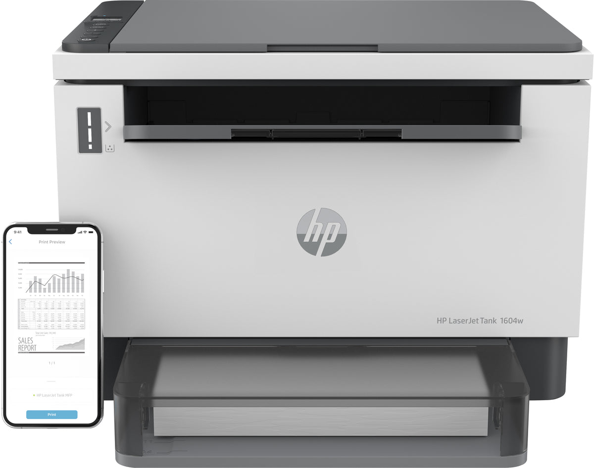 HP LaserJet Tank MFP 1604w - Multifunction Printer - B/W - laser - 216 x 297 mm (original) - A4/Legal (media) - up to 14 ppm (copy) - up to 22 ppm (print) - 150 sheets - USB 2.0, LAN, WiFi(n), Bluetooth