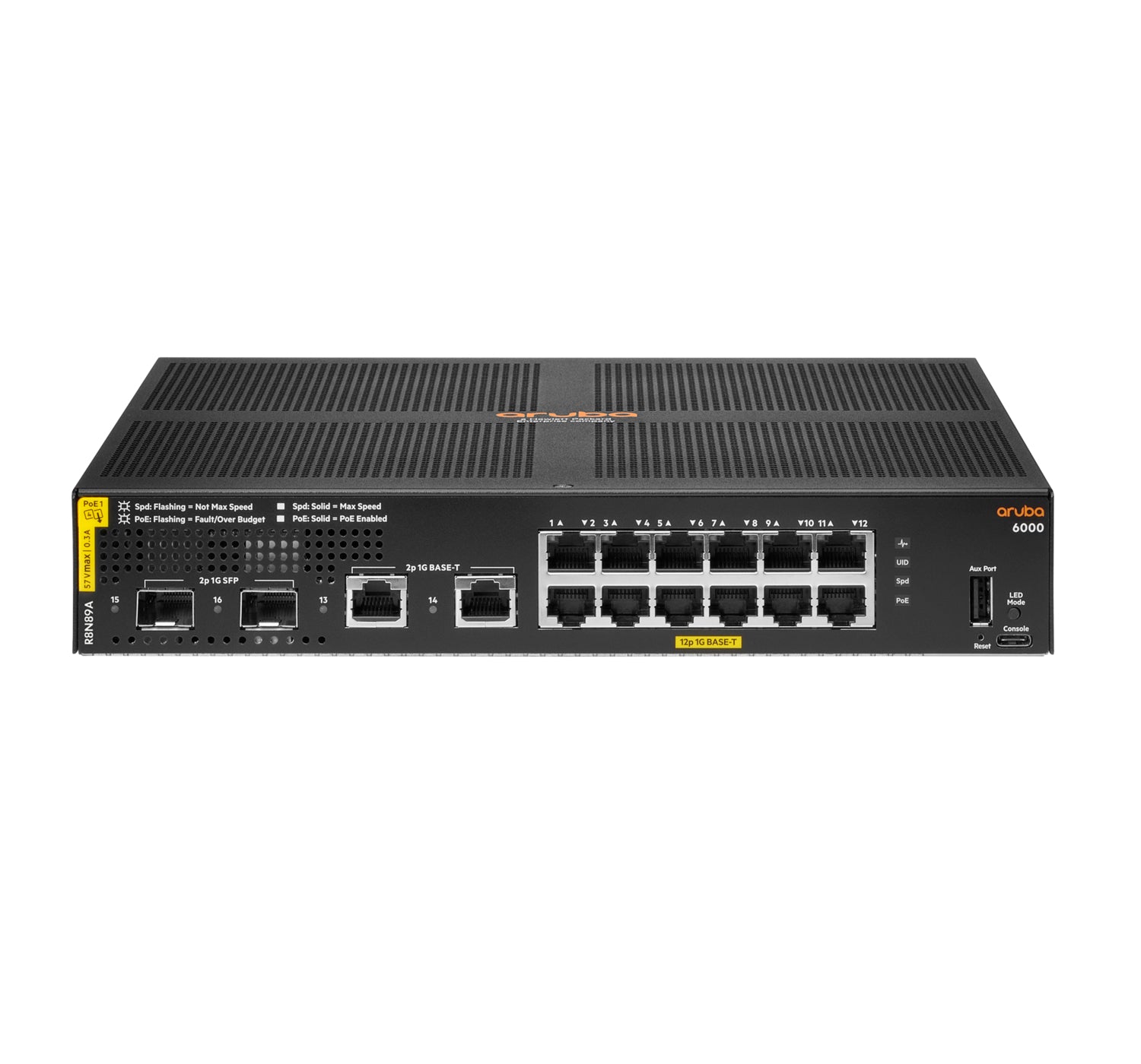 Conmutador HPE Aruba 6000 12G Class4 PoE 2G/2SFP 139W - Conmutador - Administrado - 12 x 10/100/1000 (PoE+) + 2 x Gigabit SFP + 2 x 1000Base-T - montaje en riel - PoE (139W)