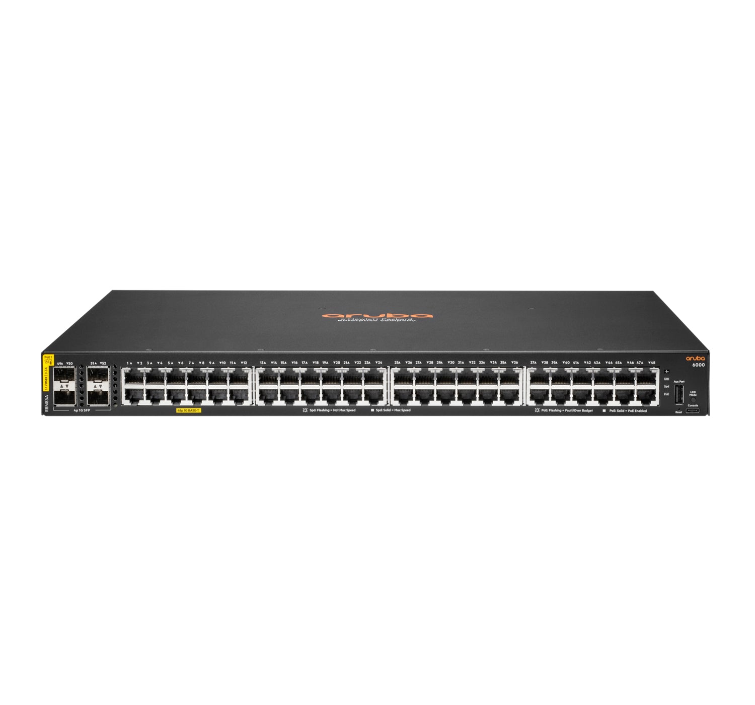 HPE Aruba 6000 48G Class4 PoE 4SFP 370W Switch - Interruptor - Administrado - 48 x 10/100/1000 (PoE+) + 4 x Gigabit SFP - fluxo de ar lado para lado - montável em trilho - PoE (370 W)