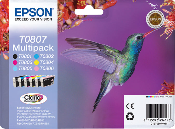 Epson T0807 Multipack - Pack of 6 - 44.4 ml - black, yellow, cyan blue, magenta, light magenta, light cyan blue - original - blister - ink cartridge - for Stylus Photo P50, PX650, PX660, PX700, PX710, PX720, PX730, PX800, PX810, PX820, PX830