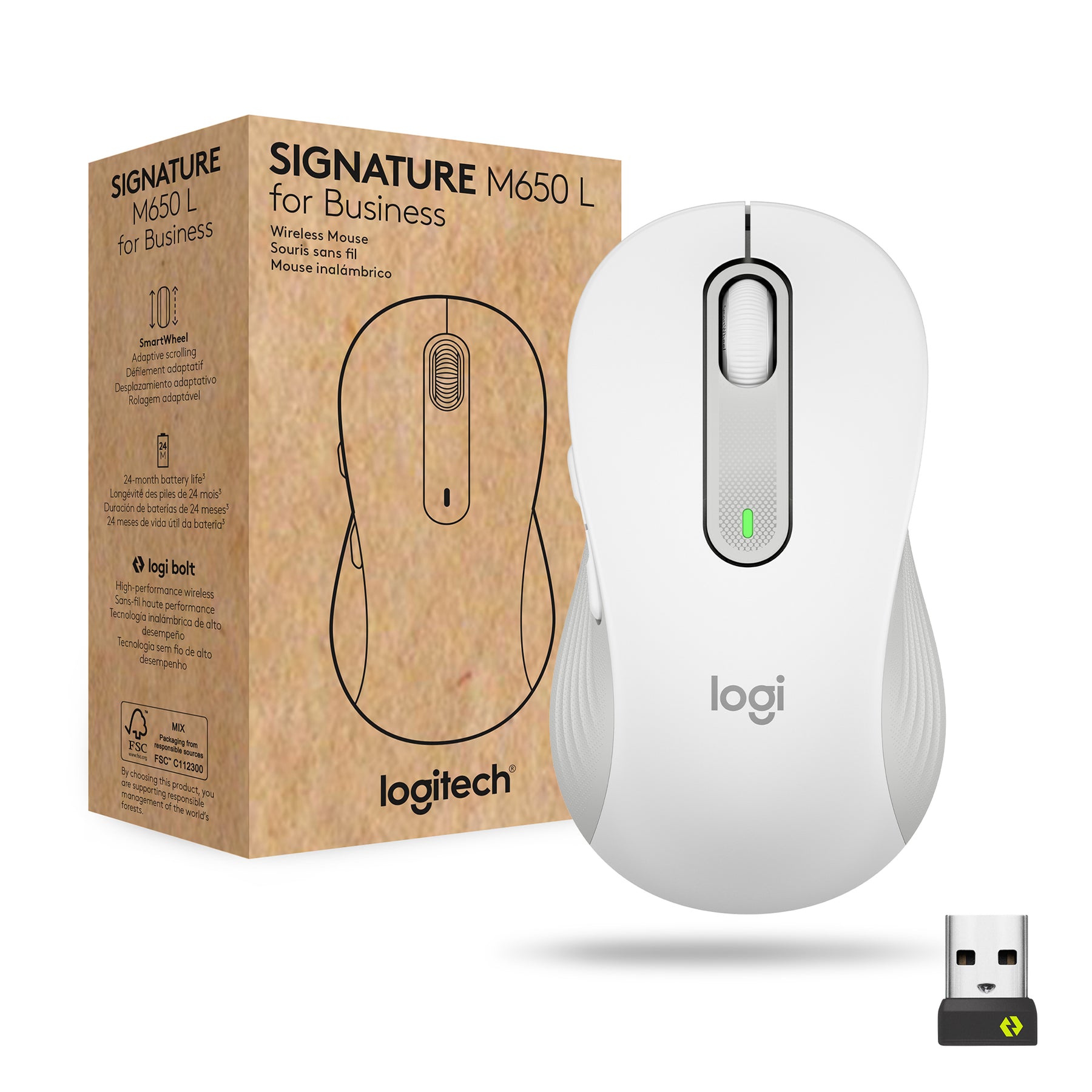 Logitech Signature M650 para empresas - Ratón - Inalámbrico - Bluetooth, 2,4 GHz - Receptor USB Logitech Logi Bolt - Blanco roto