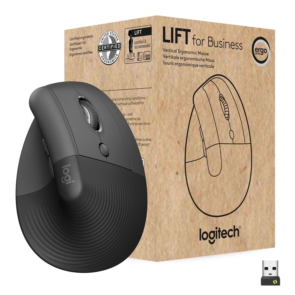 Logitech Lift for Business - Upright mouse - ergonomic - 6 buttons - wireless - Bluetooth, 2.4 GHz - Logitech Logi Bolt USB receiver - graphite