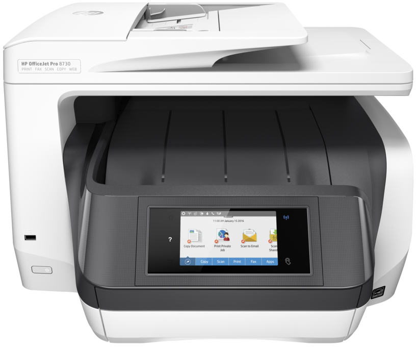 HP Officejet Pro 8730 All-in-One - Multifunction Printer - Color - Inkjet - Legal (216 x 356 mm) (original) - A4/Legal (media) - up to 22 ppm (copy) - up to 24 ppm (print) - 250 sheets - USB 2.0, LAN, Wi-Fi(n), USB host, NFC - Eligible