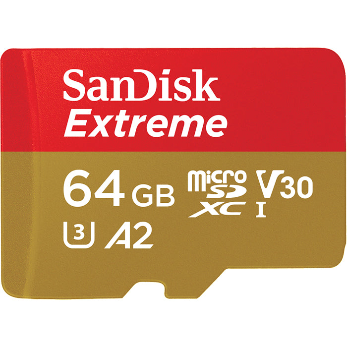 SanDisk Extreme - Flash Memory Card (Included microSDXC to SD Adapter) - 64 GB - A2 / Video Class V30 / UHS-I U3 / Class10 - microSDXC UHS-I