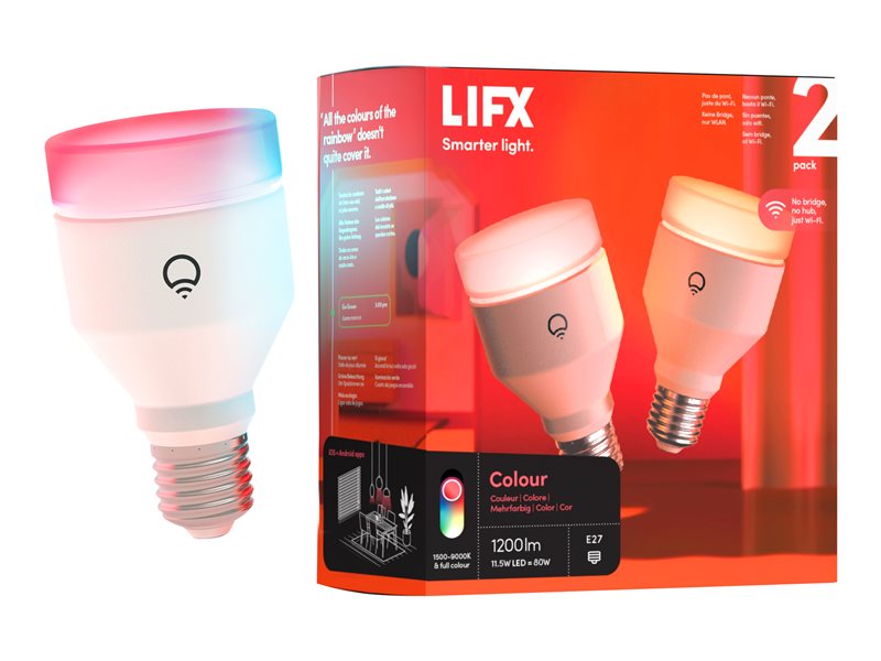 LIFX Colour - Lâmpada LED - forma: A60 - E27 - 11.5 W (equivalente 80 W) - classe F - luz multicolor/quente para branco frio - 1500-9000 K - branco (pacote de 2)