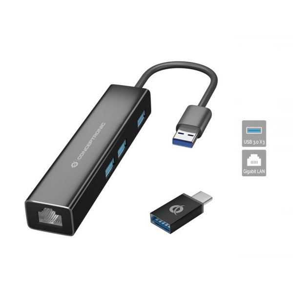 CONCEPTRONIC HUB USB-C 3XUSB3.0 1xRJ45 + ADAPT USB-C TO USB-A