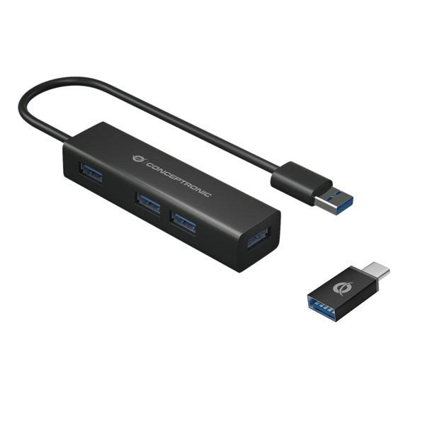 CONCEPTRONIC HUB USB3.0 4 PORT USB3.0 ALUMINUM+ BLACK USB-C ADAPTER