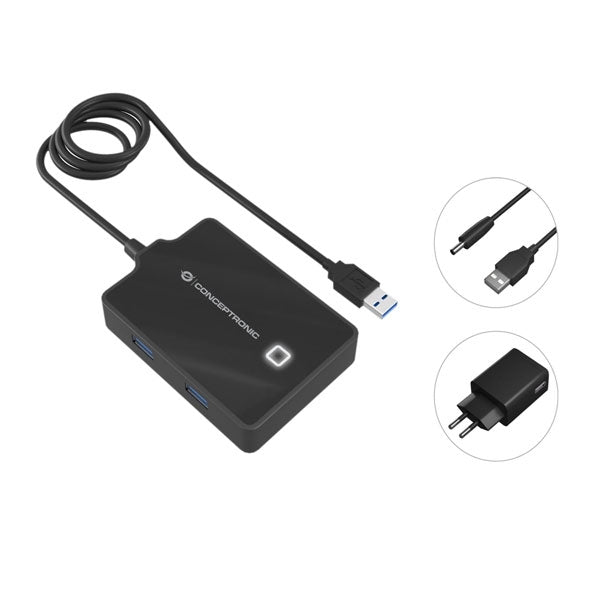 CONCEPTRONIC HUB USB3.0 4 PUERTOS USB3.0 C/ CABLE 90CM NEGRO+ ALIMENTADOR