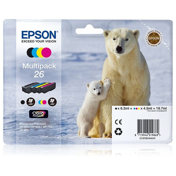 PACK TINTA EPSON 4 COLORES 26 CLARIA PREMIUM XP-800/700/600/605/820/720/62