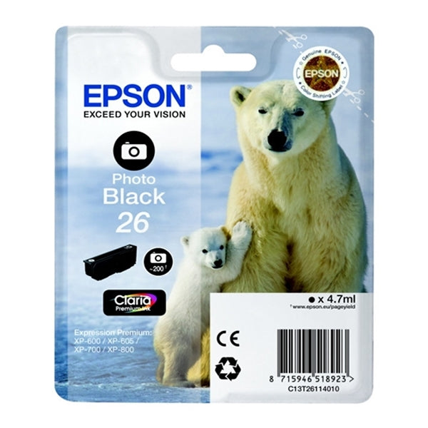 EPSON INK CARTRIDGE BLACK PHOTO 26XL HIGH CAP WITH ALARM XP-800/700/600/605/820/720/620