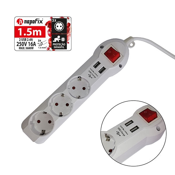 NAPOFIX ELECTRICAL EXTENSION 3 OUTLETS 1.5M 3680W 16A 250V 2XUSB WHITE