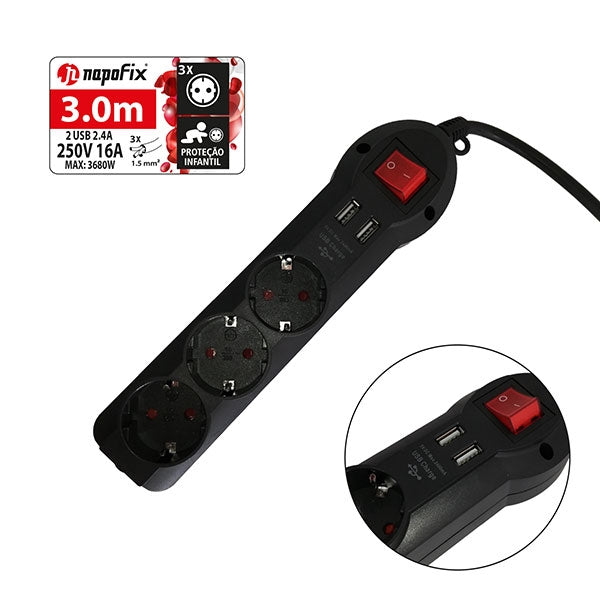 NAPOFIX ELECTRICAL EXTENSION 3 SOCKETS 3M 3680W 16A 250V 2X USB BLACK